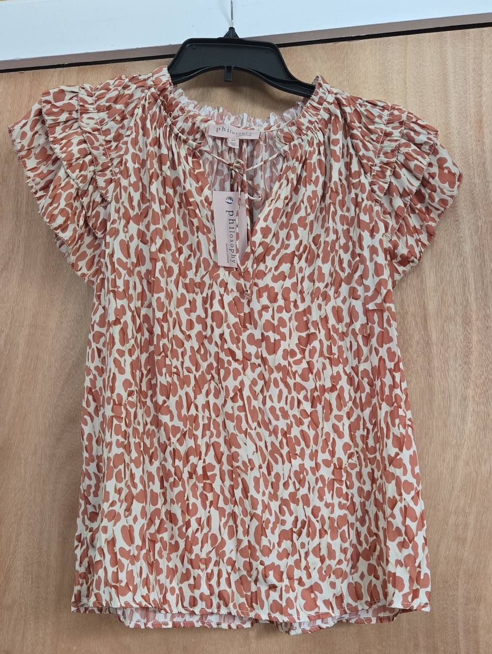 Philosophy Cream and Rust Leopard Print Ruffled Short Sleeve Top